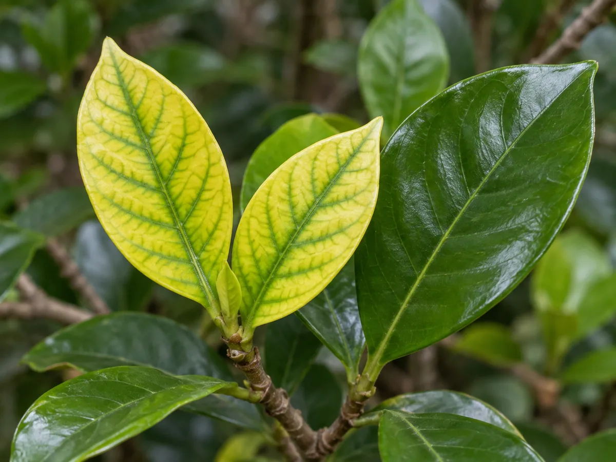 Close-up of gardenia leaves showing pale tissue between green veins beside a healthy green leaf