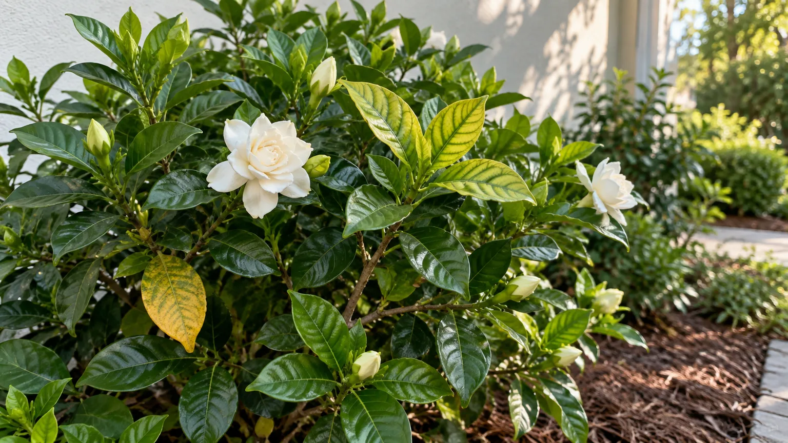 Gardenia shrub with pale yellow leaves among healthy glossy foliage