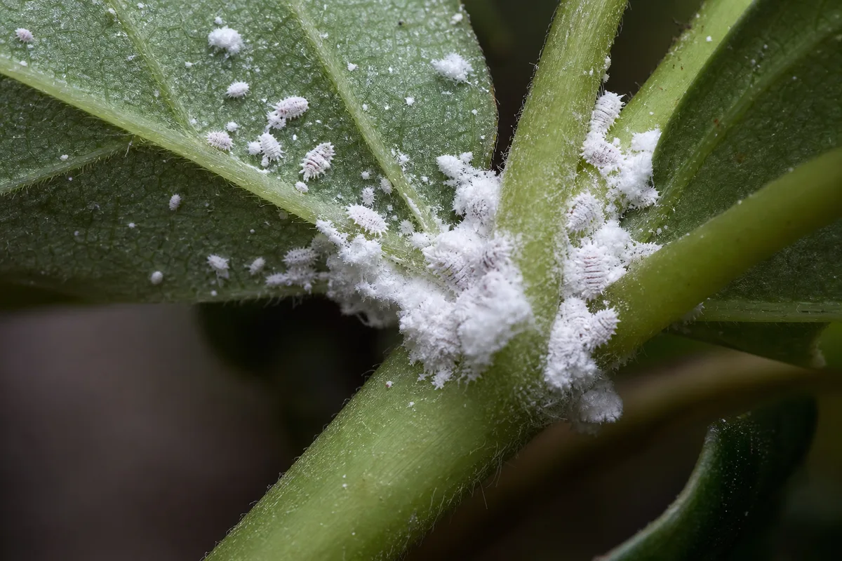 Close-up of Mealybugs on Geranium - diagnostic detail