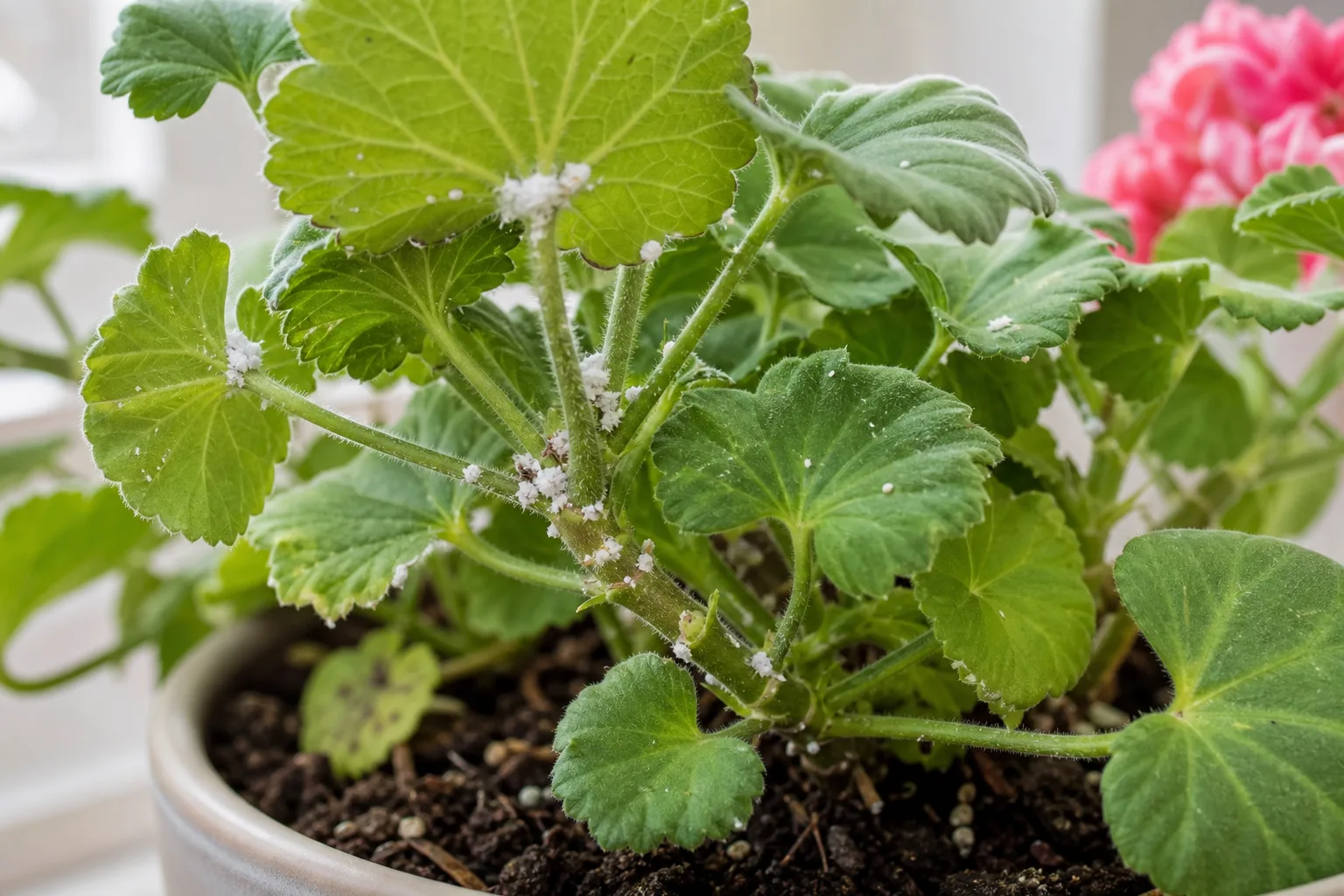 Mealybugs on Geranium - visible symptom on the plant
