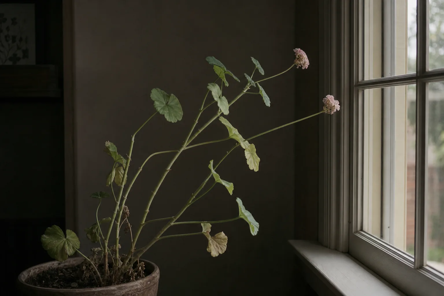 Not Enough Light on Geranium - visible symptom on the plant