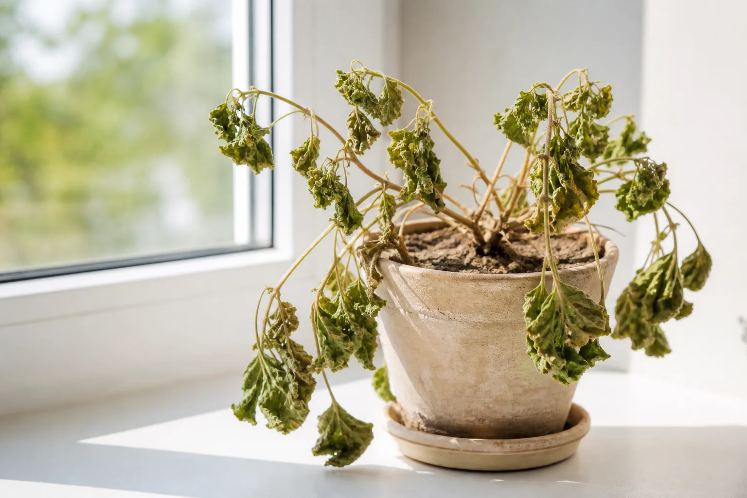 Underwatering on Geranium - visible symptom on the plant
