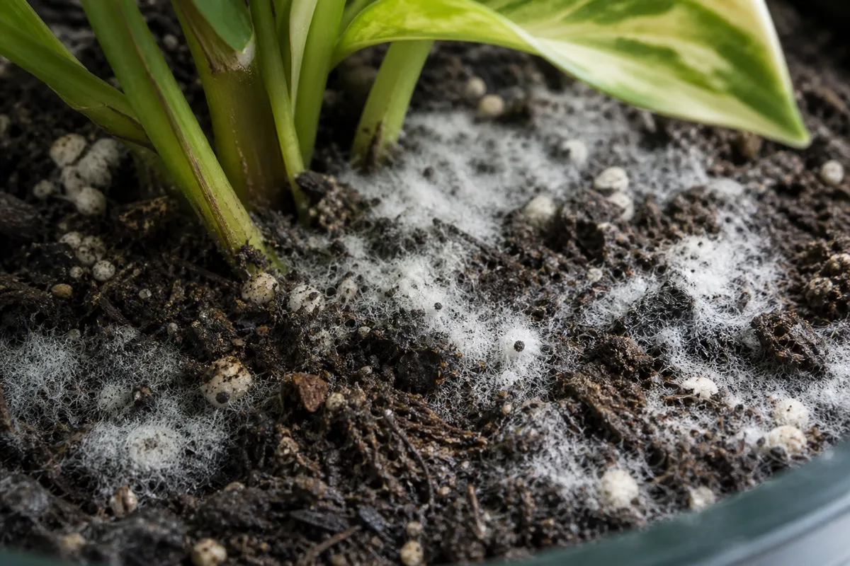 Close-up of Mold on Soil on Golden Pothos - diagnostic detail