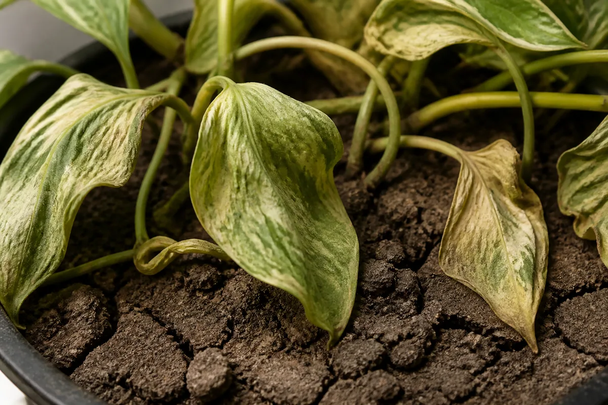 Close-up of Underwatering on Golden Pothos - diagnostic detail