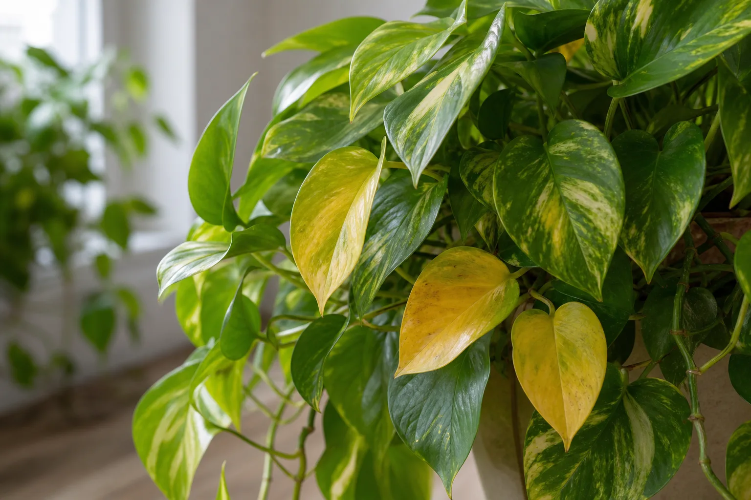 Yellow Leaves on Golden Pothos - visible symptom on the plant