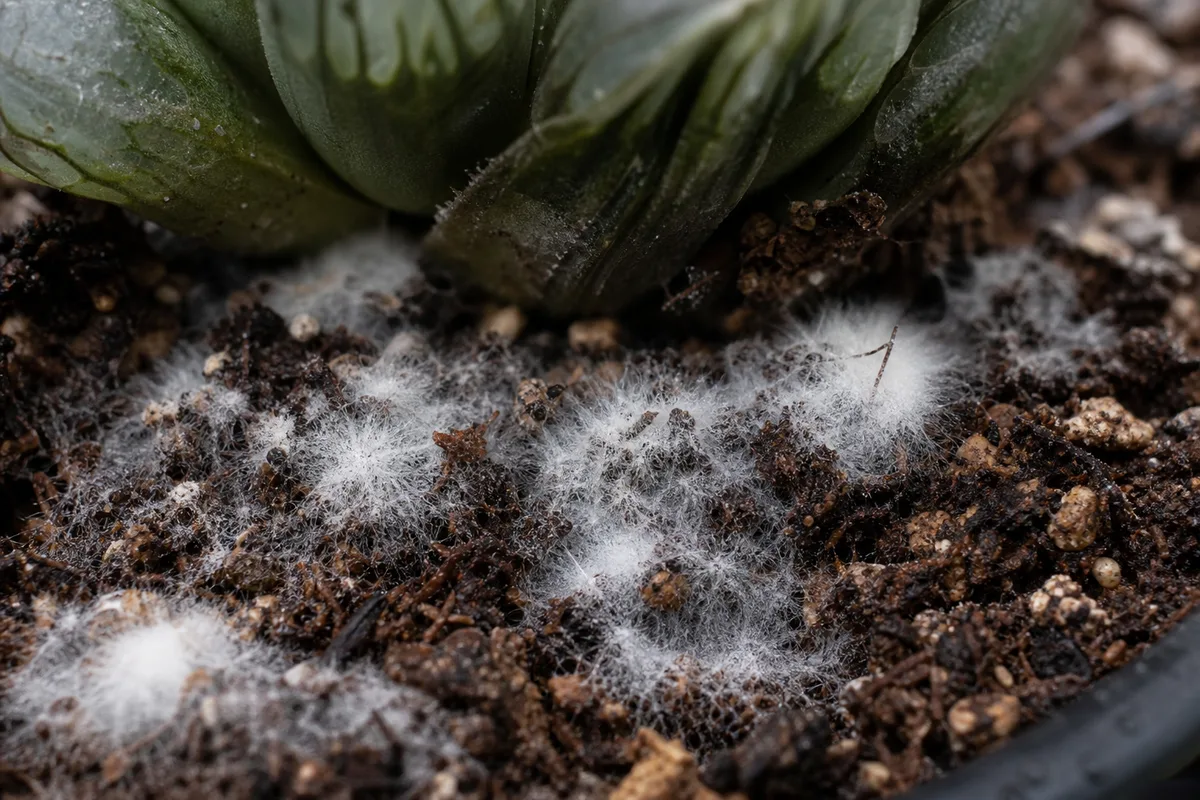 Close-up of Mold on Soil on Haworthia - diagnostic detail