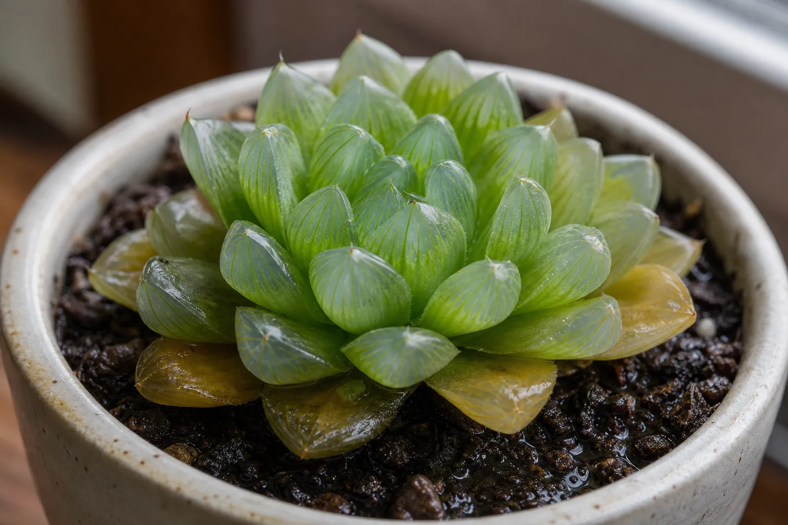 Overwatering on Haworthia - visible symptom on the plant