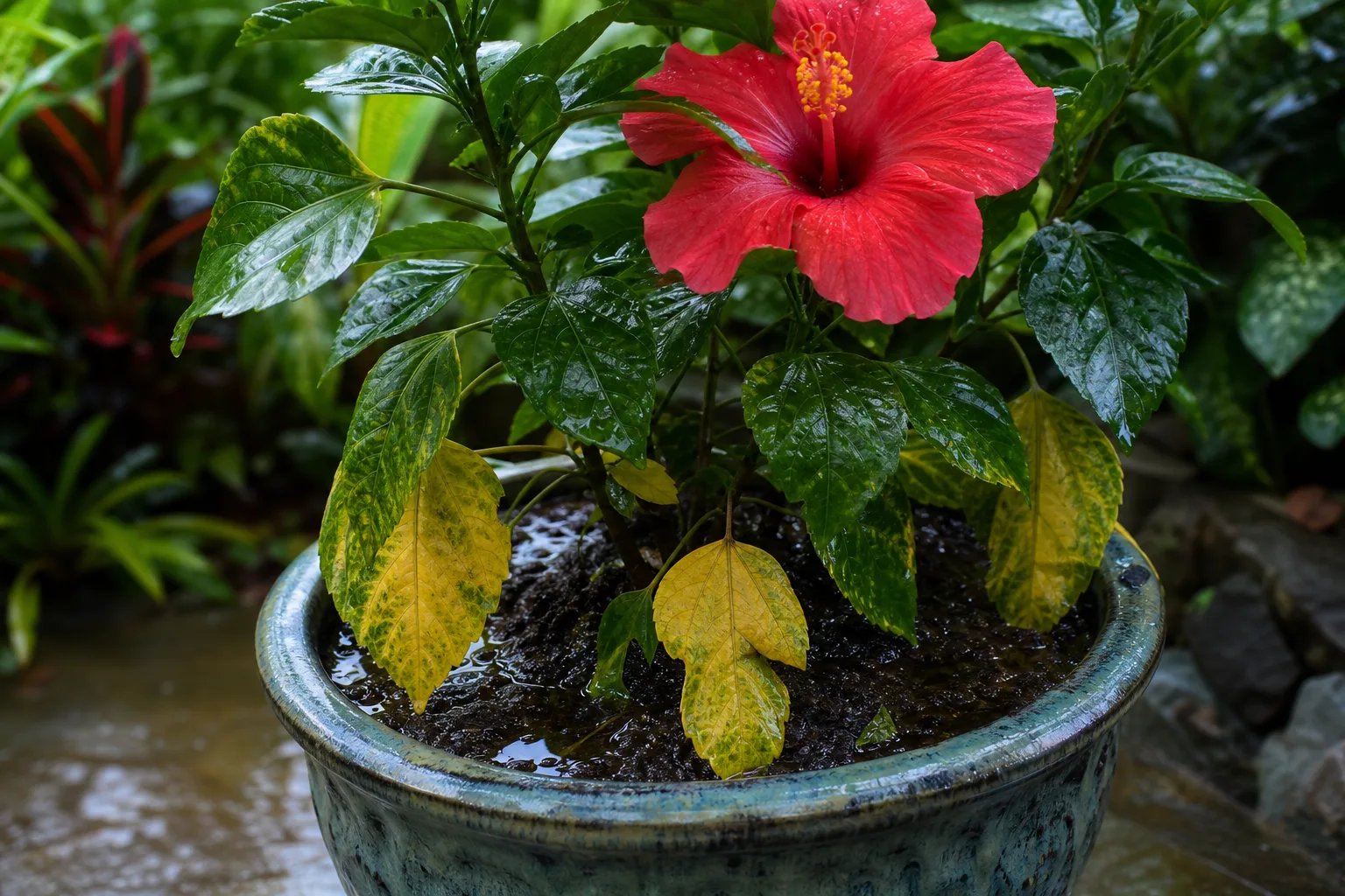 Overwatering on Hibiscus - visible symptom on the plant