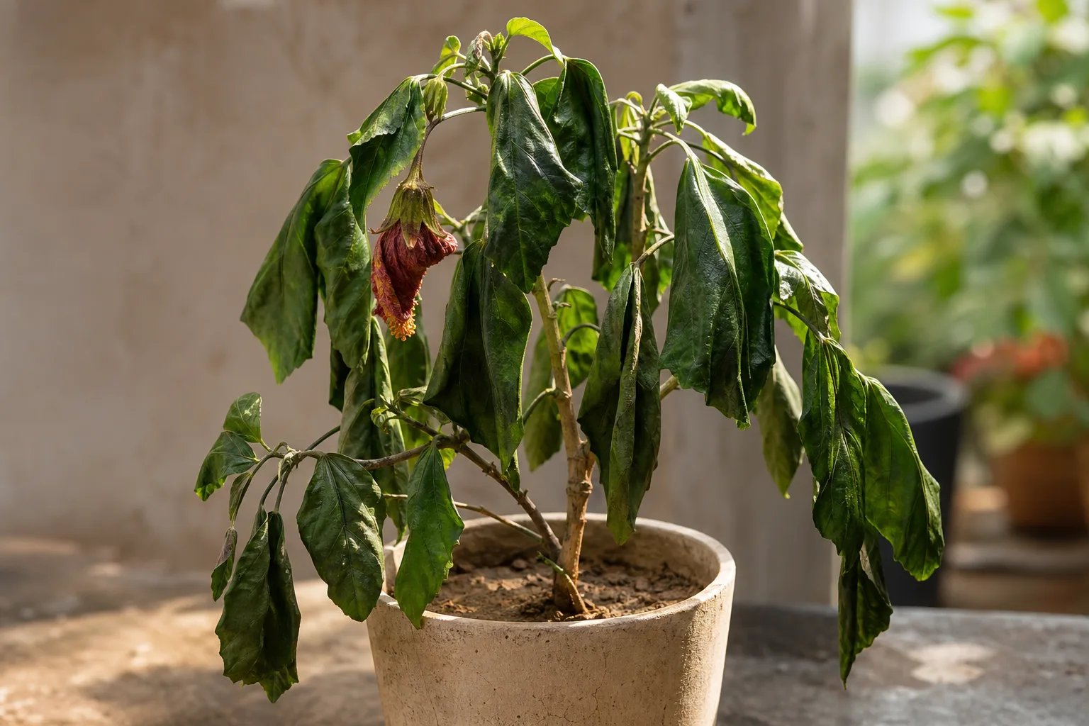 Underwatering on Hibiscus - visible symptom on the plant