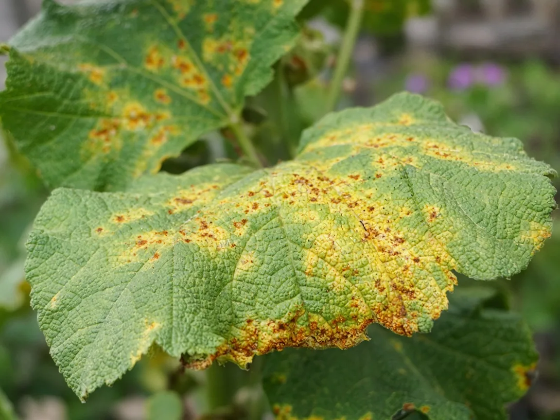 Raised rusty pustules and pale spotting on a hollyhock leaf