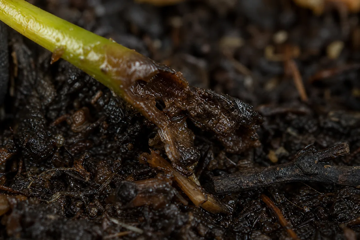 Close-up of Root Rot on Hornwort - diagnostic detail