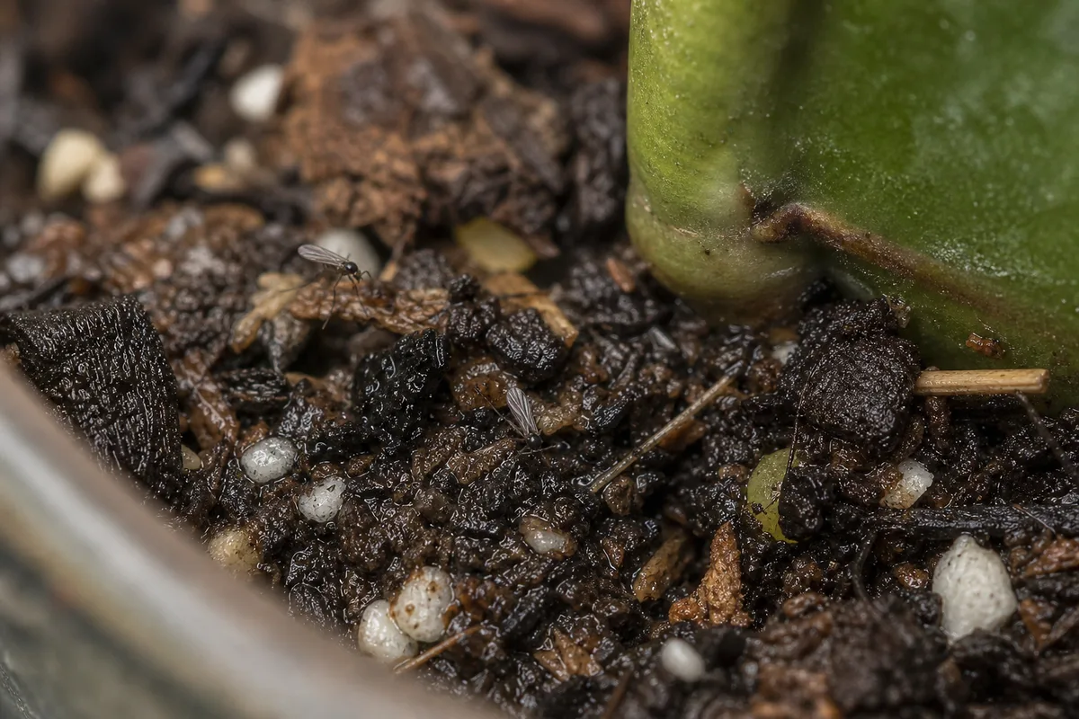 Close-up of Fungus Gnats on Hoya Kerrii - diagnostic detail