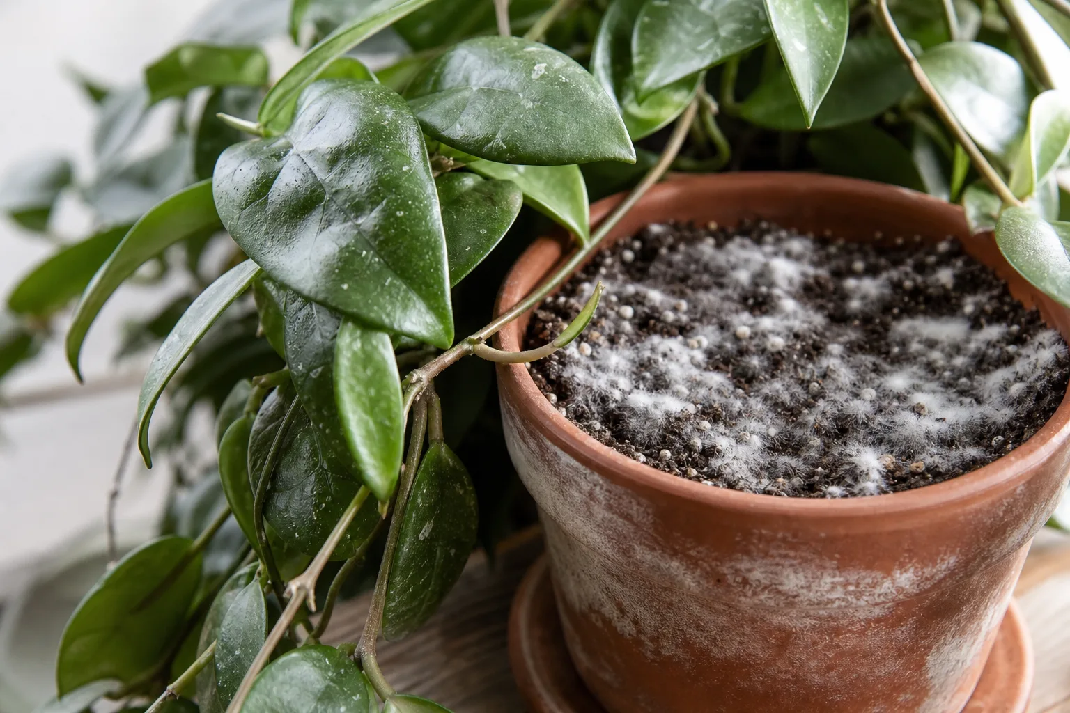 Mold on Soil on Hoya - visible symptom on the plant
