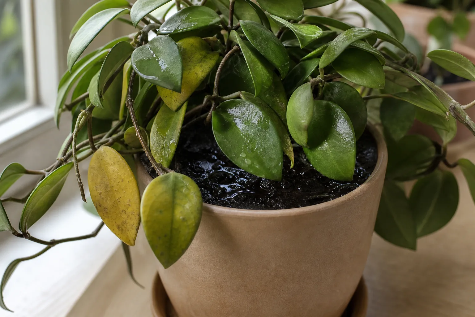 Overwatering on Hoya - visible symptom on the plant