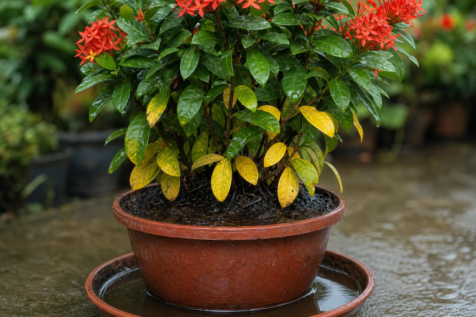 Overwatering on Ixora - visible symptom on the plant