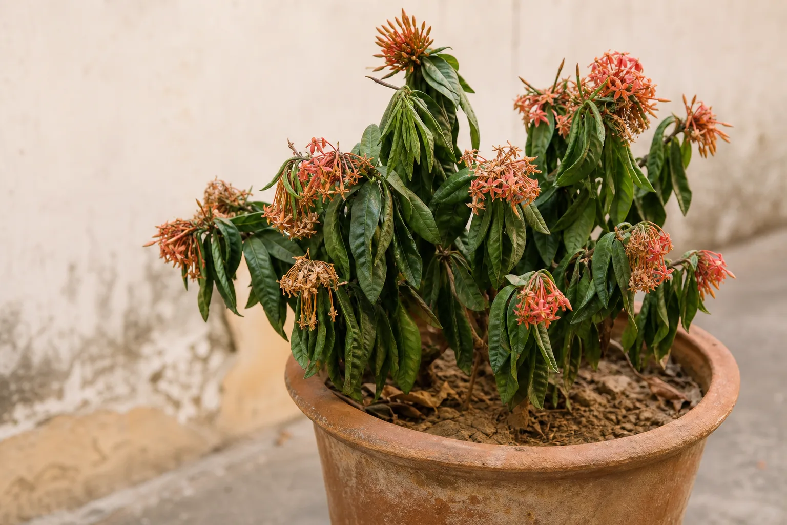 Underwatering on Ixora - visible symptom on the plant