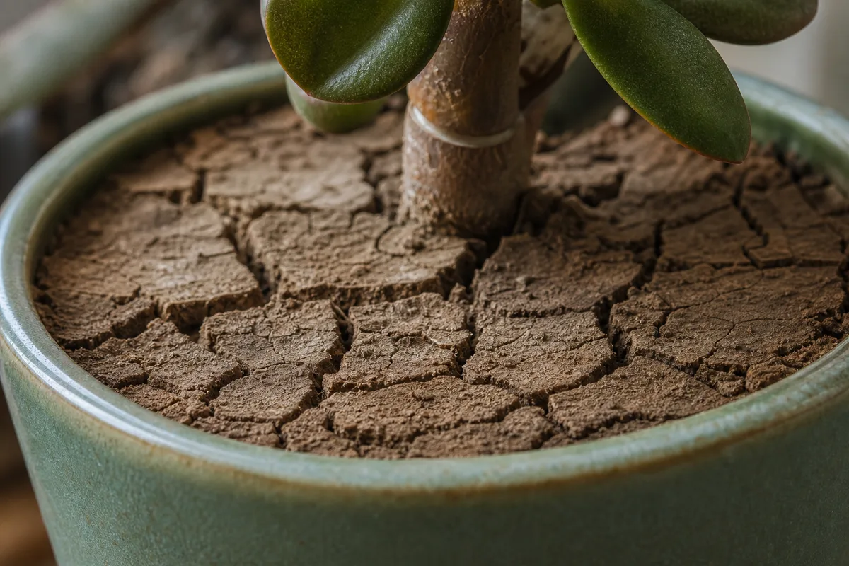Close-up of Compacted Soil on Jade Plant - diagnostic detail