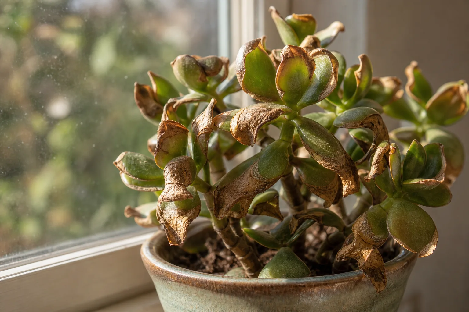 Crispy Leaves on Jade Plant - visible symptom on the plant