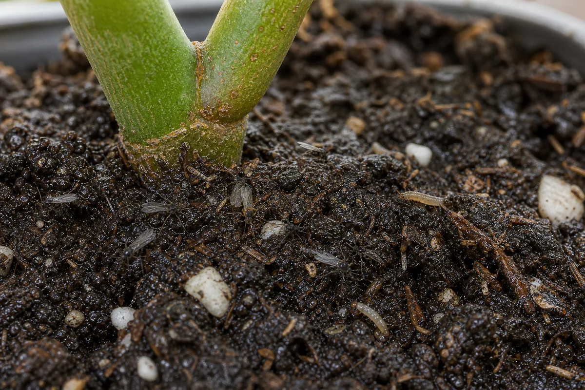 Close-up of Fungus Gnats on Jade Plant - diagnostic detail