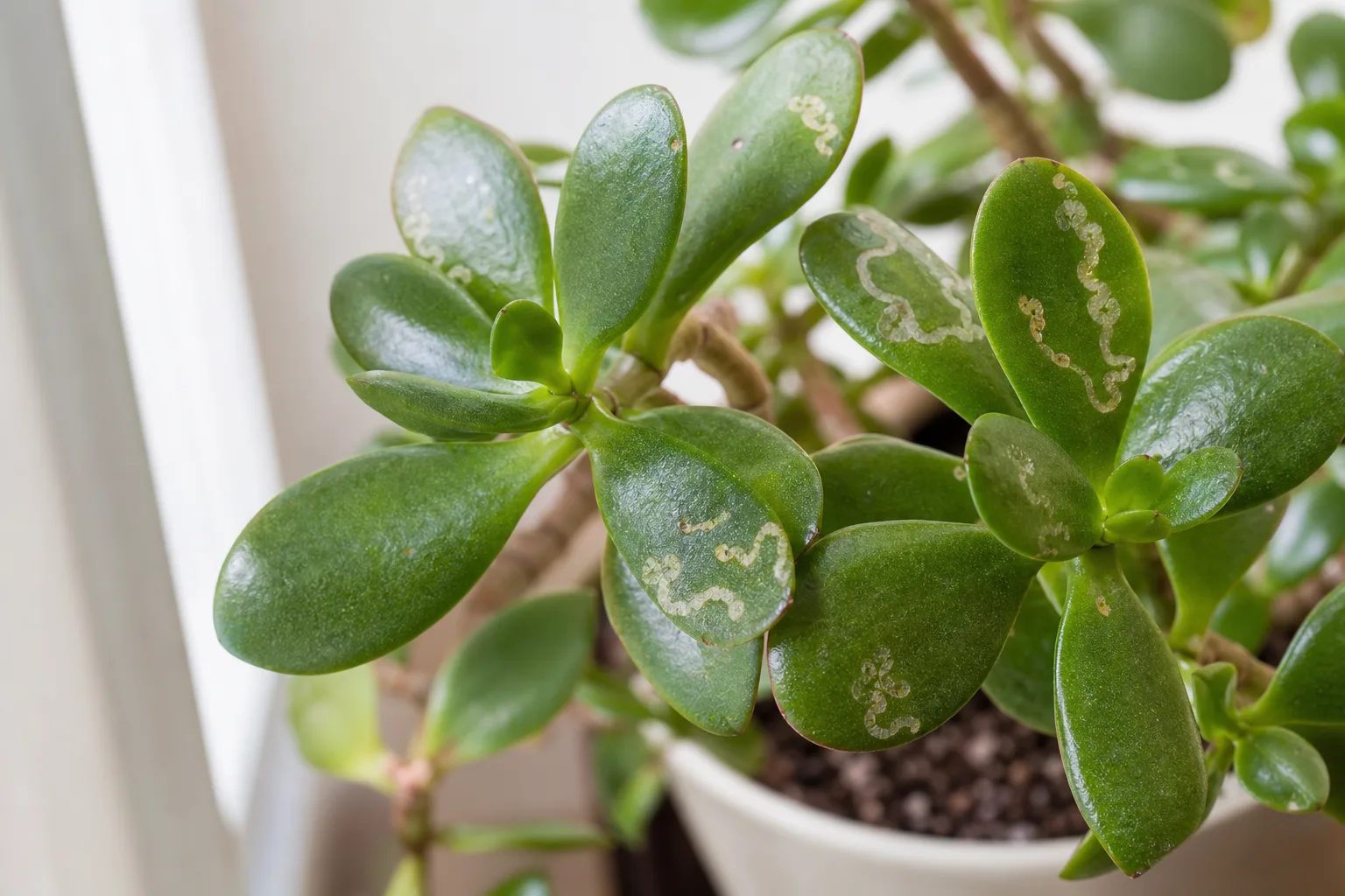 Leaf Miners on Jade Plant - visible symptom on the plant