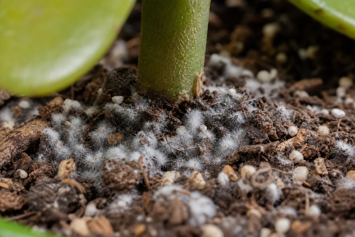 Close-up of Mold on Soil on Jade Plant - diagnostic detail