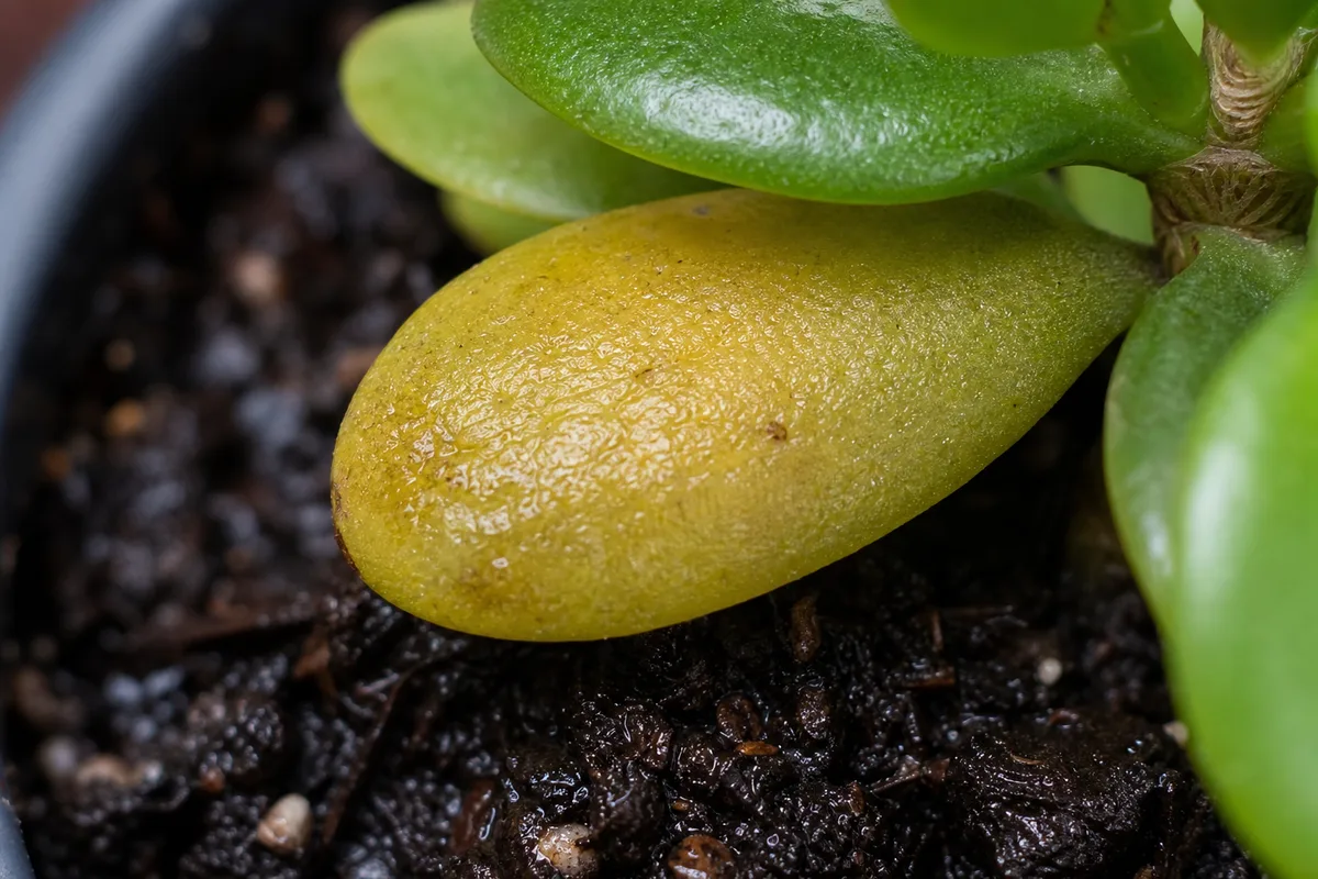 Close-up of Overwatering on Jade Plant - diagnostic detail