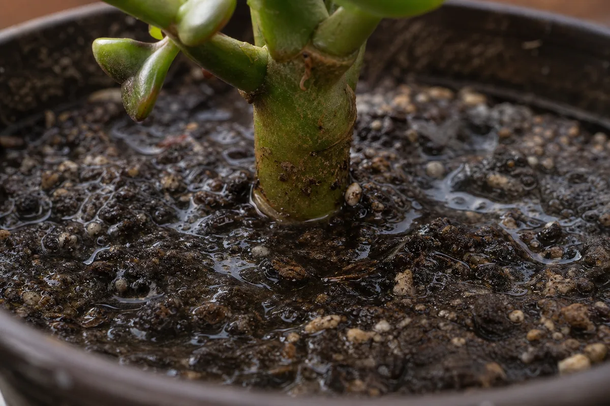Close-up of Poor Drainage on Jade Plant - diagnostic detail