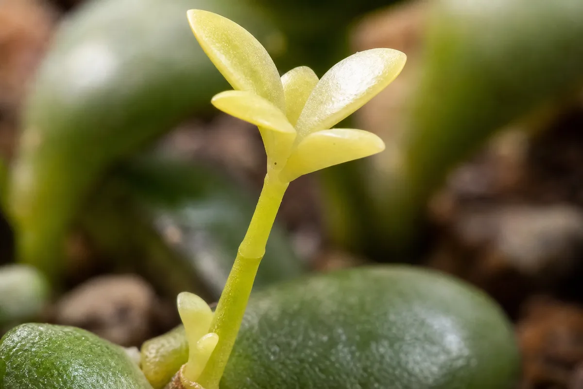 Close-up of Yellow Seedlings on Jade Plant - diagnostic detail