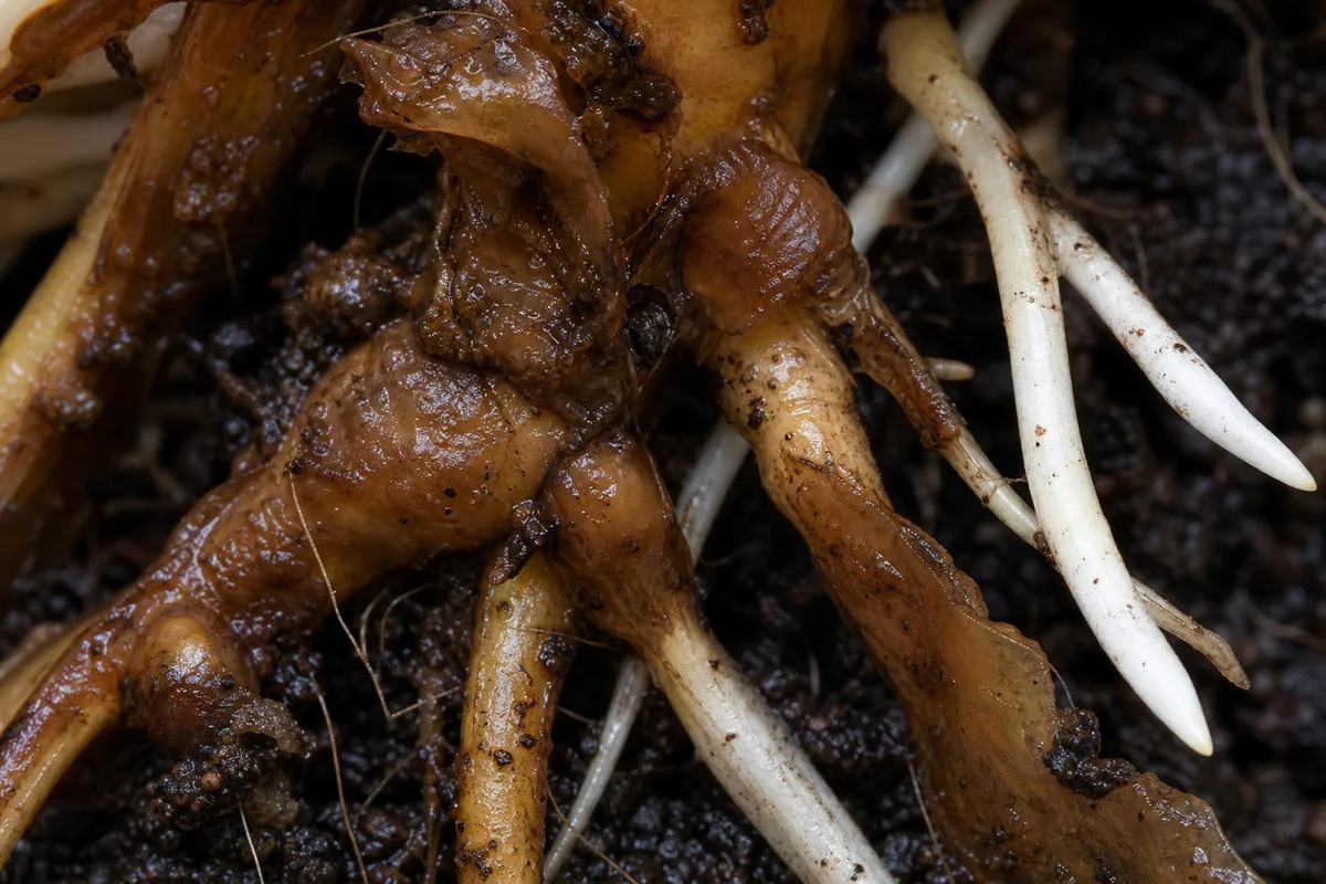 Close-up of Damaged Roots on Janet Craig Dracaena - diagnostic detail