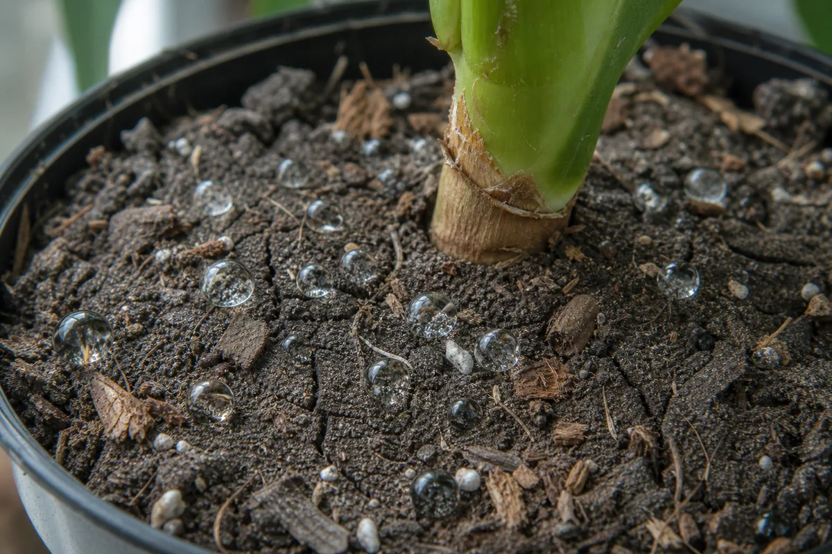 Close-up of Dry Hydrophobic Soil on Janet Craig Dracaena - diagnostic detail