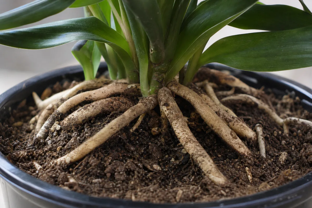 Close-up of Exposed Roots on Janet Craig Dracaena - diagnostic detail