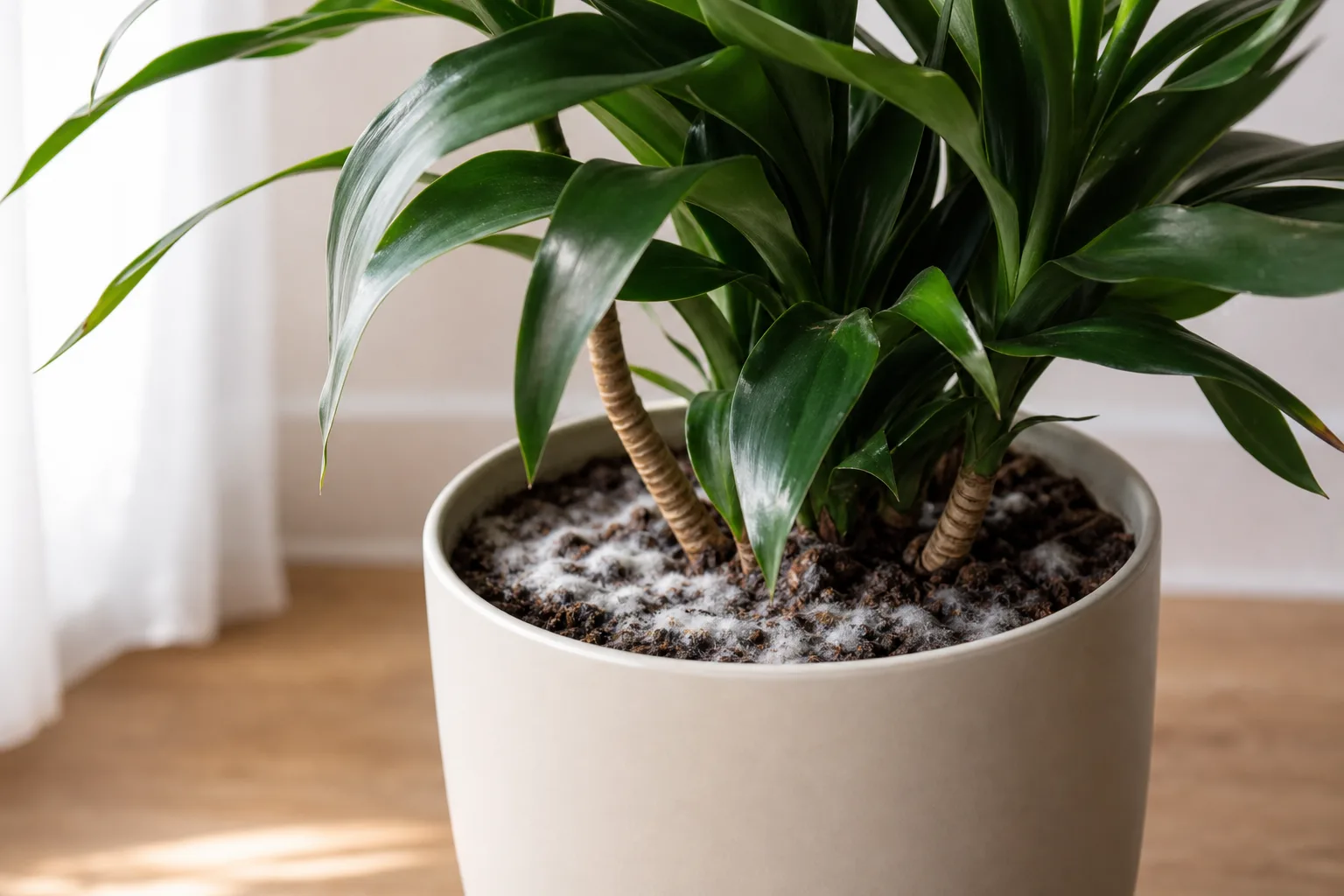 Mold on Soil on Janet Craig Dracaena - visible symptom on the plant