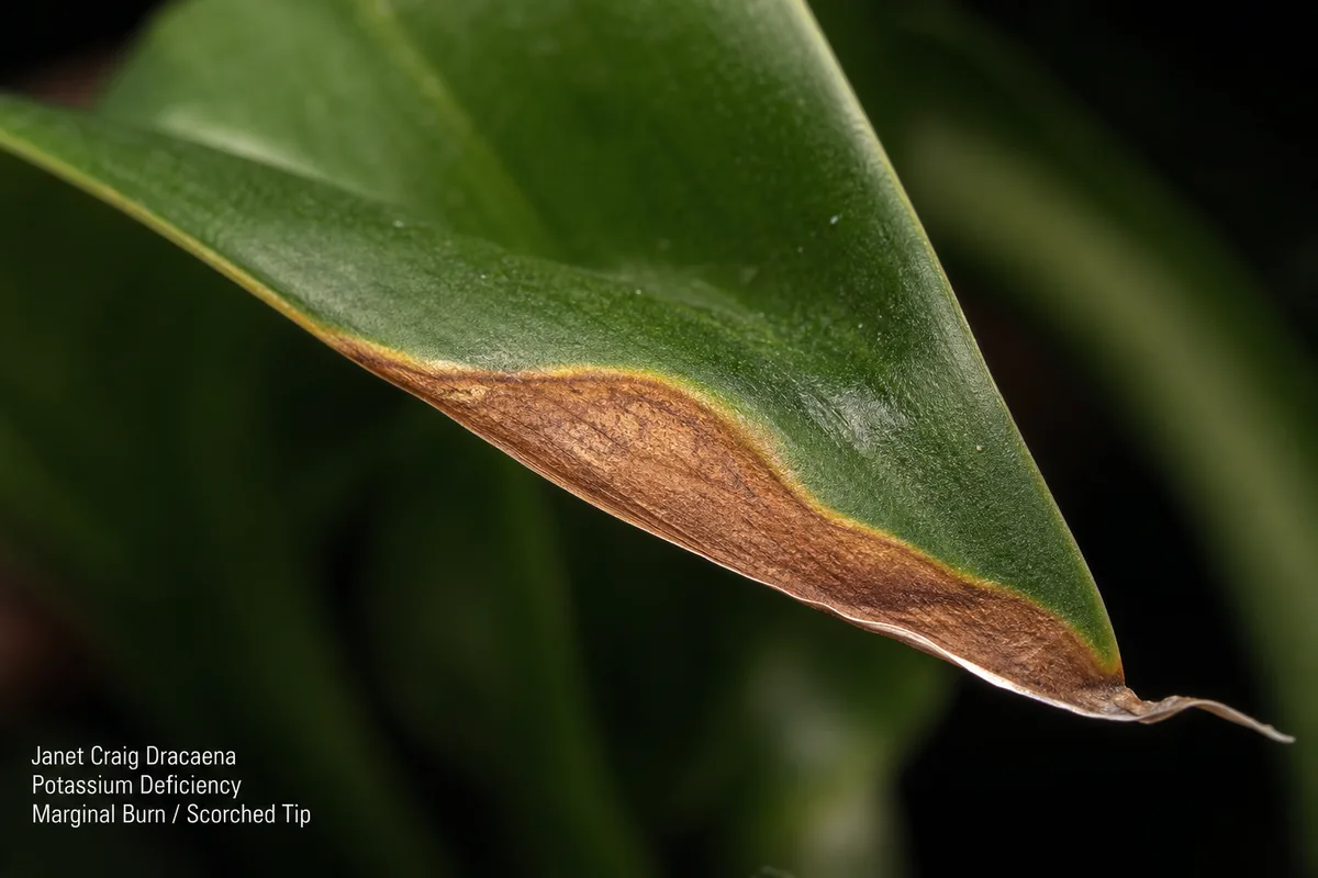 Close-up of Potassium Deficiency on Janet Craig Dracaena - diagnostic detail