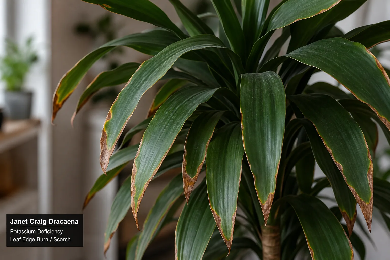 Potassium Deficiency on Janet Craig Dracaena - visible symptom on the plant