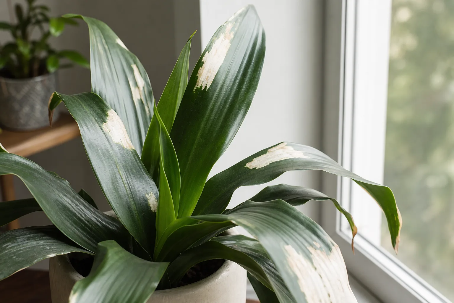 Sunburn / Scorched Leaves on Janet Craig Dracaena - visible symptom on the plant
