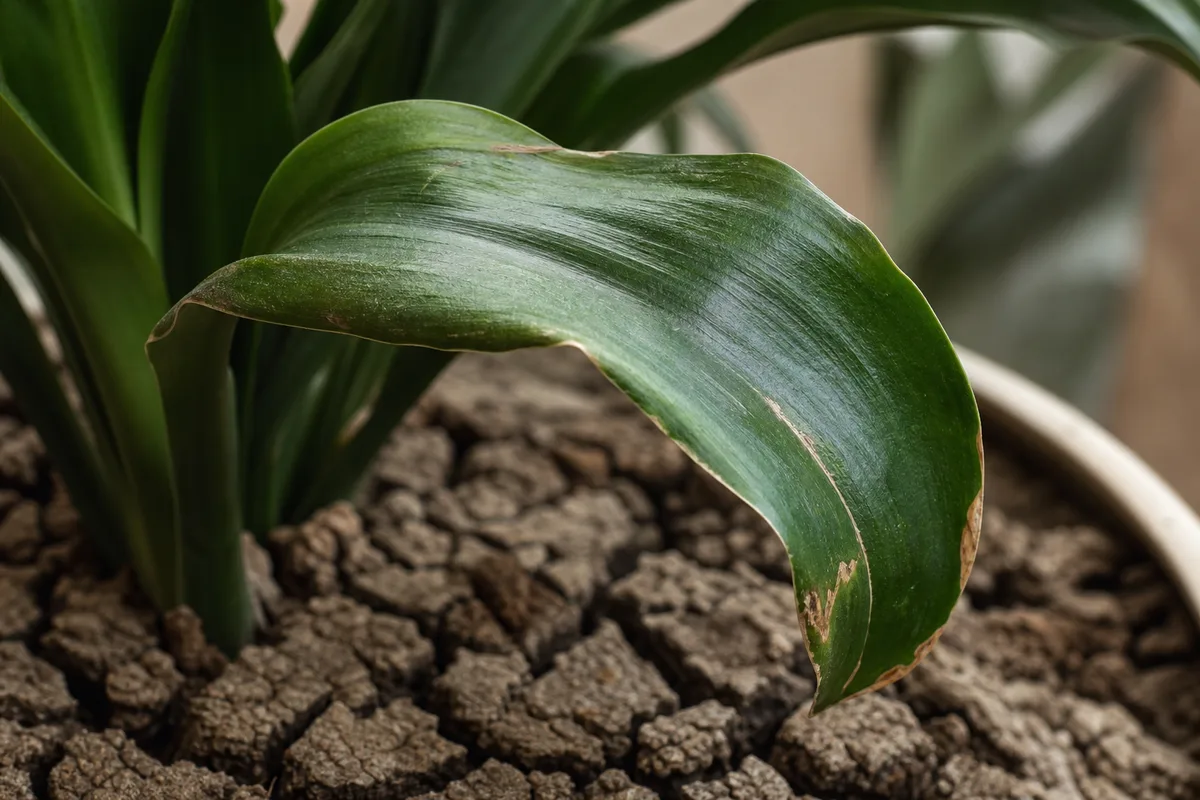 Close-up of Water Stress on Janet Craig Dracaena - diagnostic detail