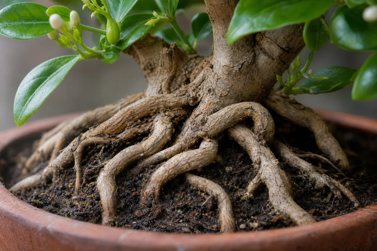 Close-up of Exposed Roots on Jasmine - diagnostic detail