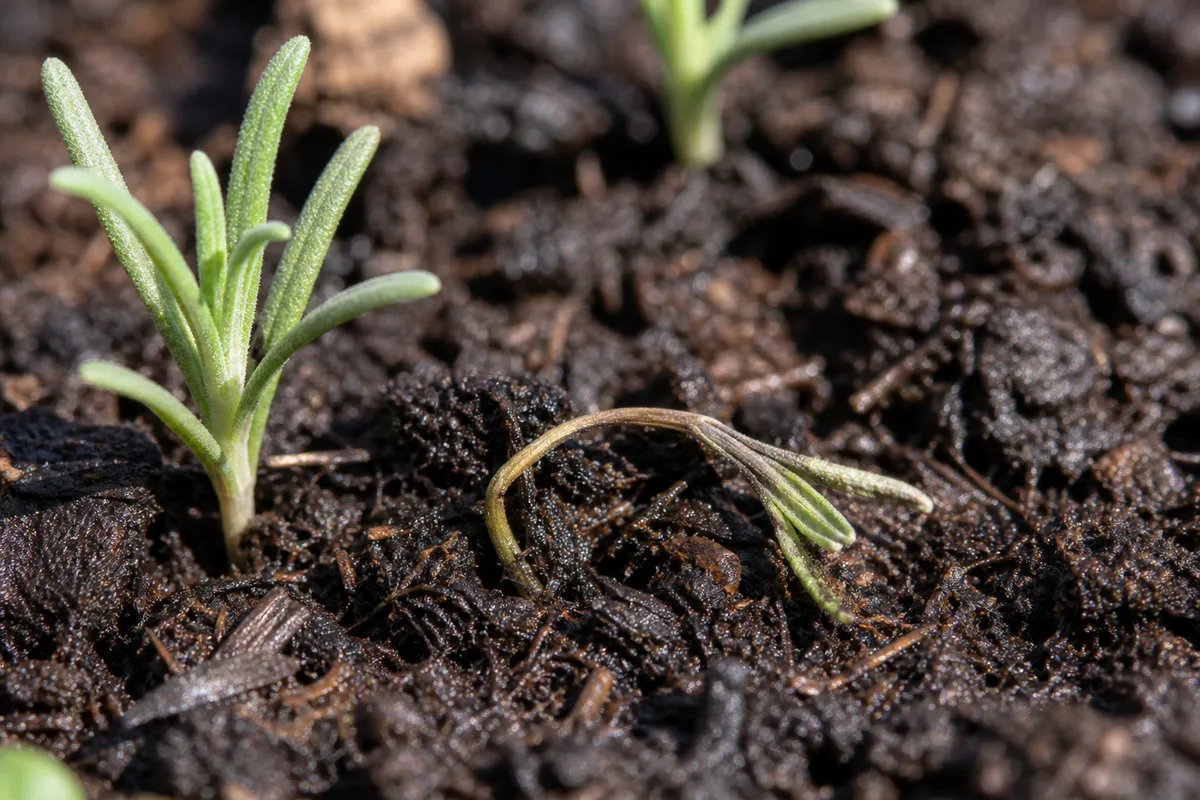 Close-up of Damping Off on Lavender - diagnostic detail