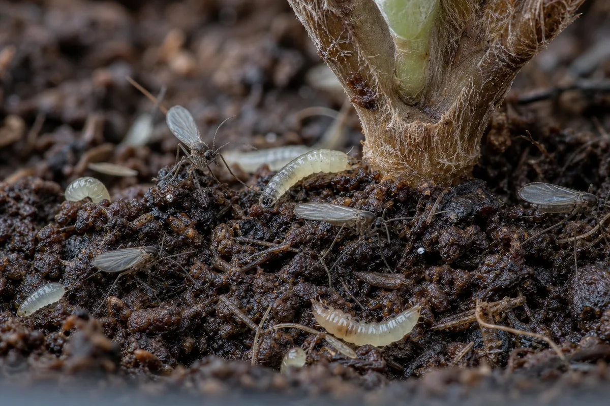 Close-up of Fungus Gnats on Lavender - diagnostic detail
