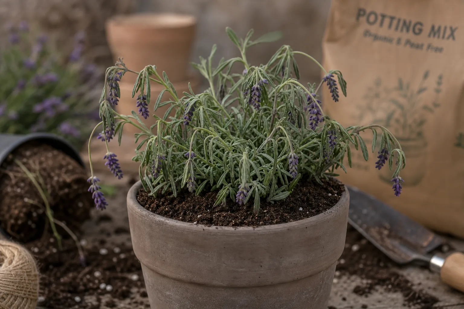 Repotting Stress on Lavender - visible symptom on the plant
