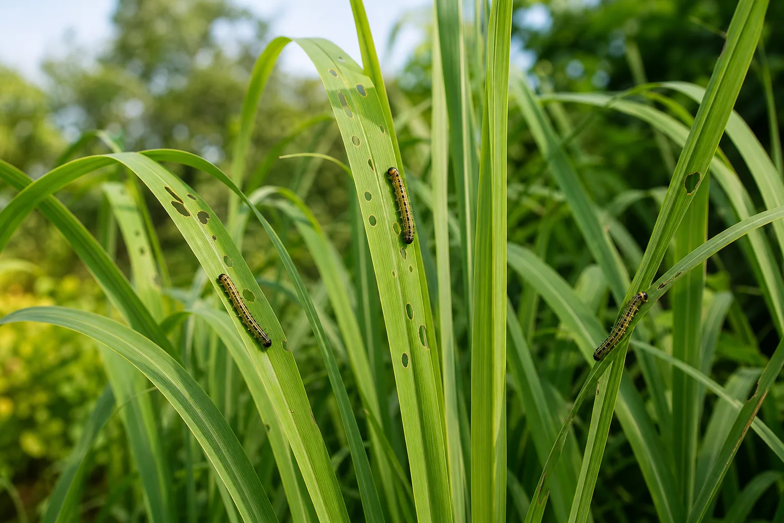 Caterpillars on Lemongrass - visible symptom on the plant