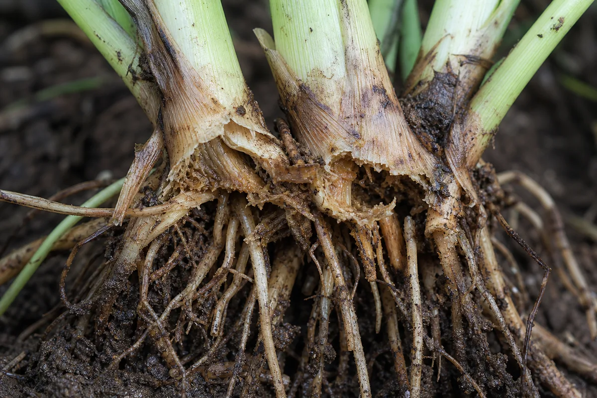 Close-up of Damaged Roots on Lemongrass - diagnostic detail