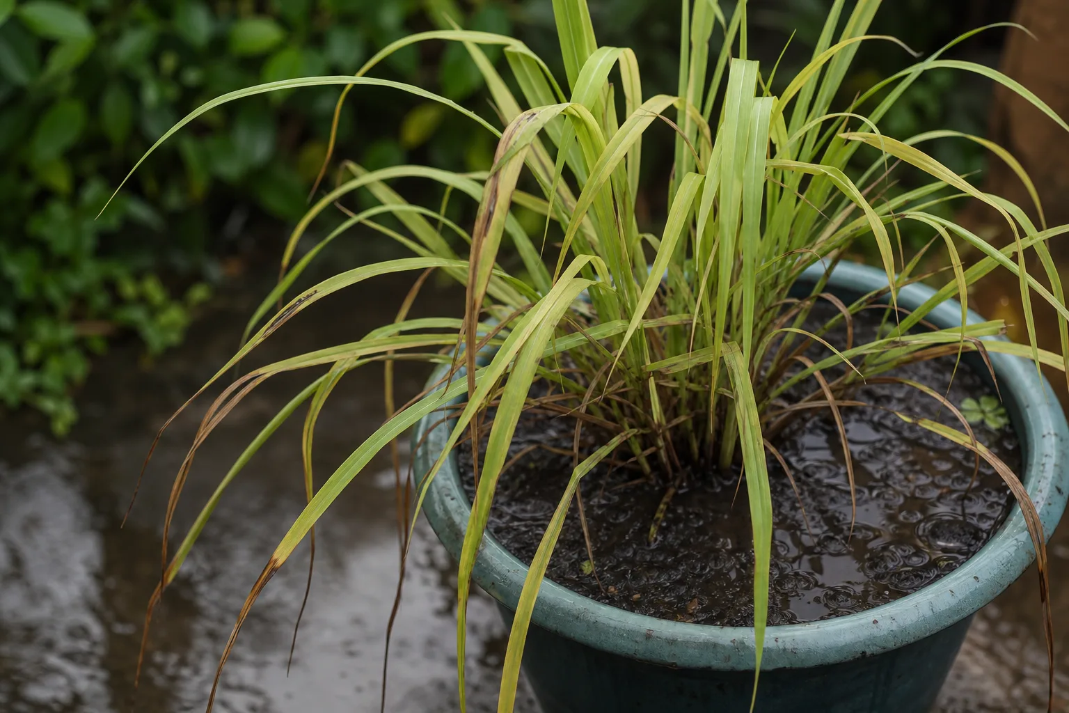 Overwatering on Lemongrass - visible symptom on the plant
