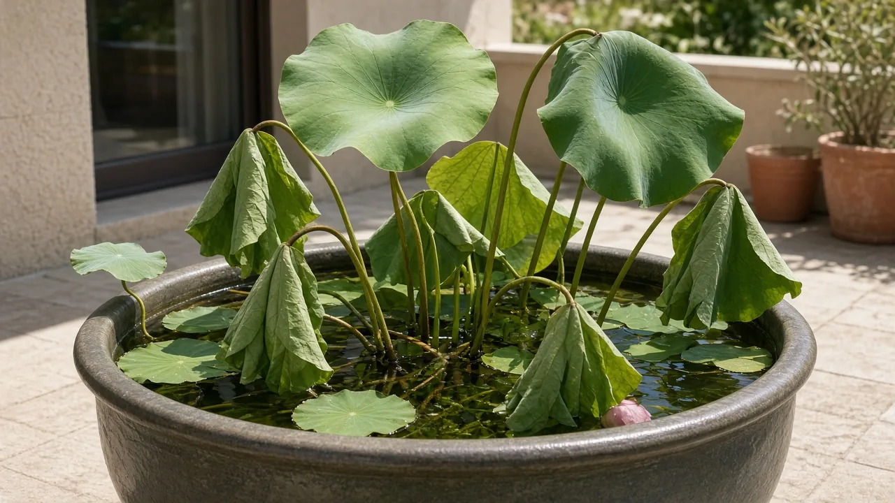 A lotus with drooping leaves in a container pond, useful for comparing heat stress and root-zone problems
