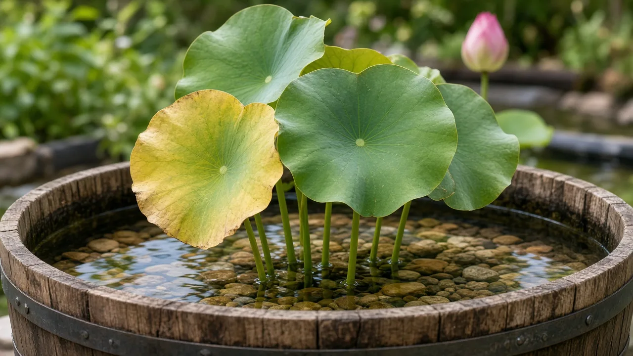 Lotus leaves with yellowing in a water-garden container, an example of a symptom that needs seasonal and root-zone checks
