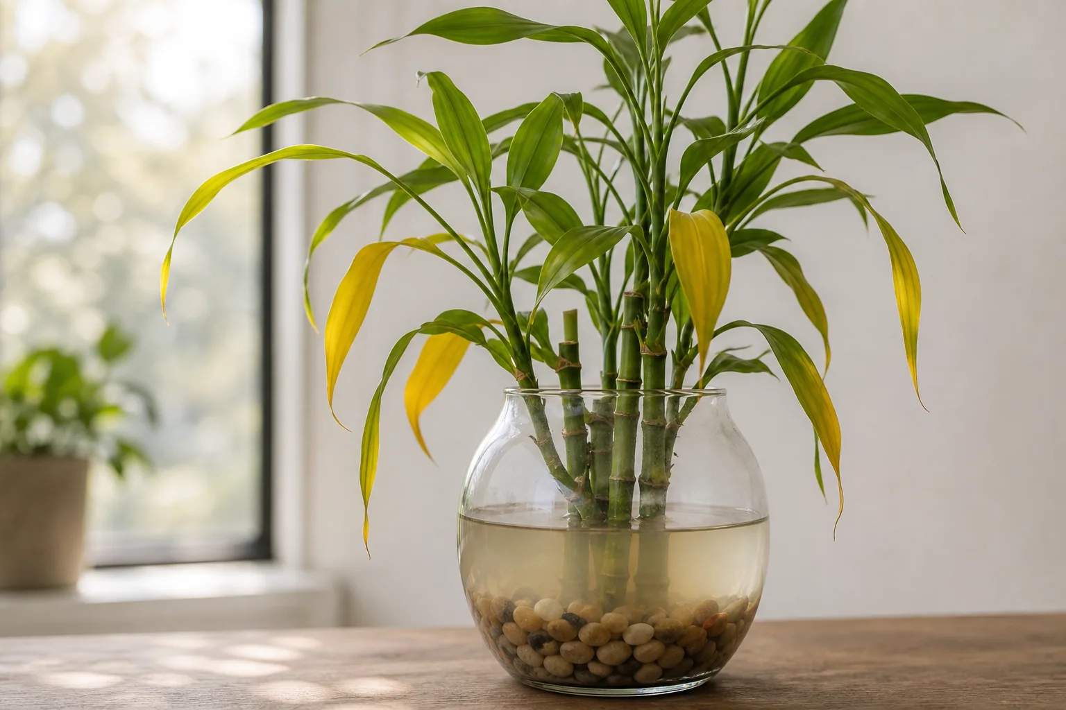 Overwatering on Lucky Bamboo - visible symptom on the plant