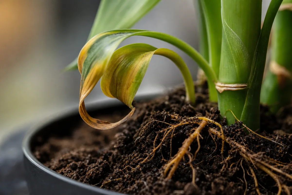Close-up of Transplant Shock on Lucky Bamboo - diagnostic detail