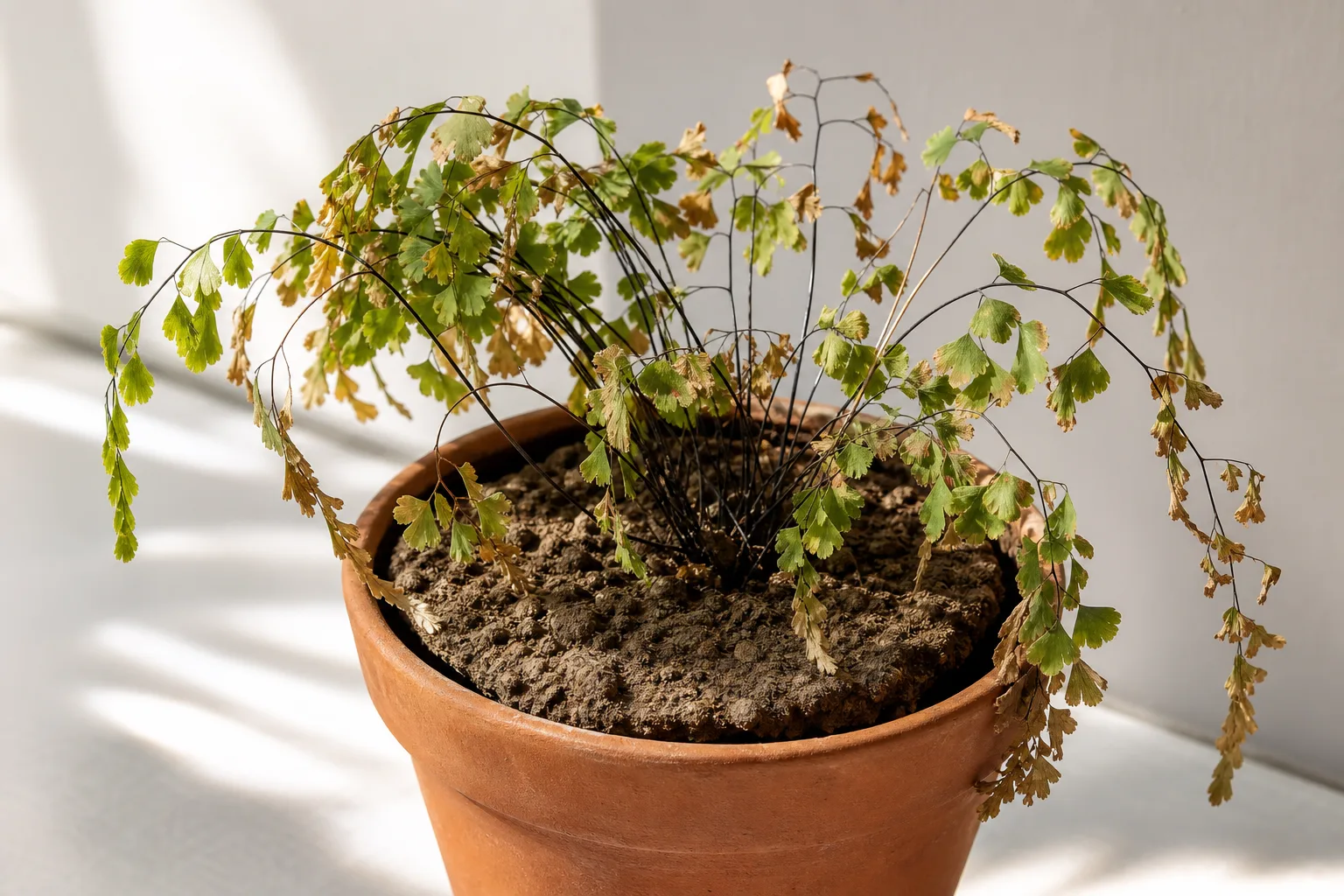 Dry Hydrophobic Soil on Maidenhair Fern - visible symptom on the plant