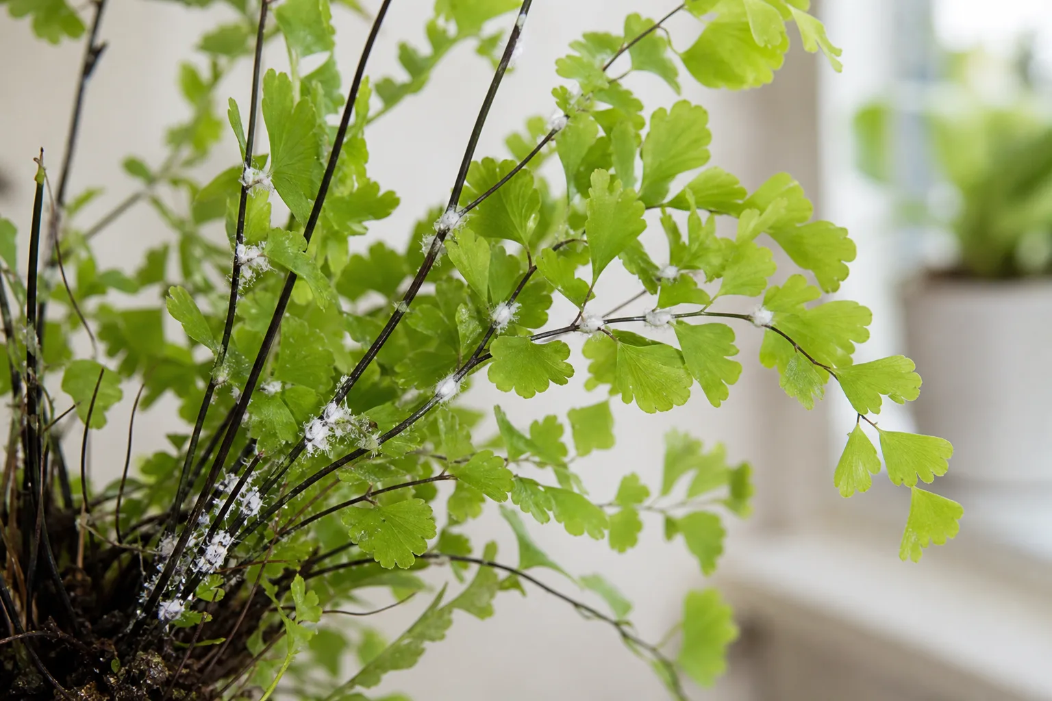 Mealybugs on Maidenhair Fern - visible symptom on the plant
