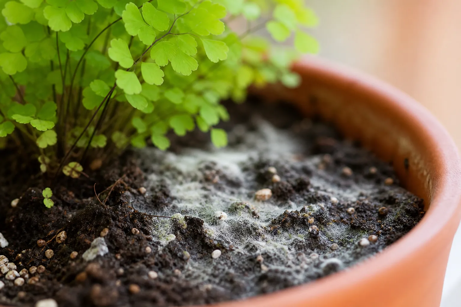 Mold on Soil on Maidenhair Fern - visible symptom on the plant